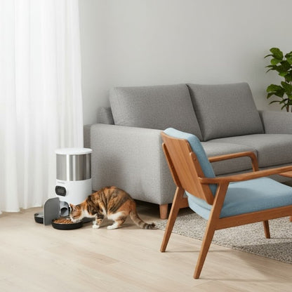 Distributeur automatique croquettes chat MonChatDisFlex avec wifi salon divan