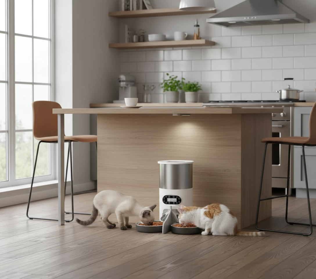 Distributeur automatique croquettes chat MonChatDisFlex cuisine 2 chats mangent