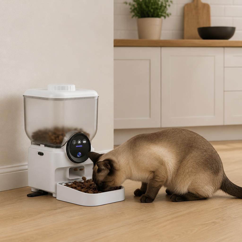Distributeur automatique de croquettes chat Connecté caméra HD blanc mange