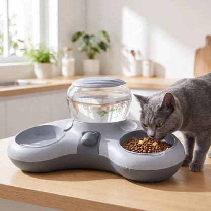 Distributeur croquette chat automatique 2-en-1-eau 1.4L-Anti-Dérapant mange gris