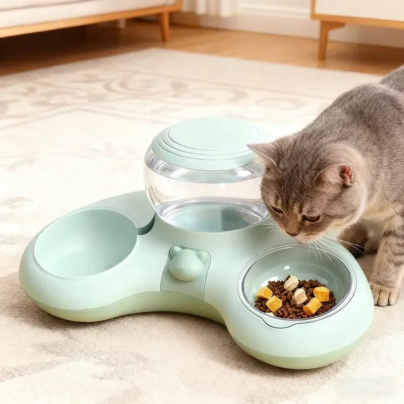 Distributeur croquette chat automatique 2-en-1-eau 1.4L-Anti-Dérapant vert mange