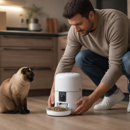 Distributeur croquette chat MonChatAutoDi-wifi et camera blanc pratique
