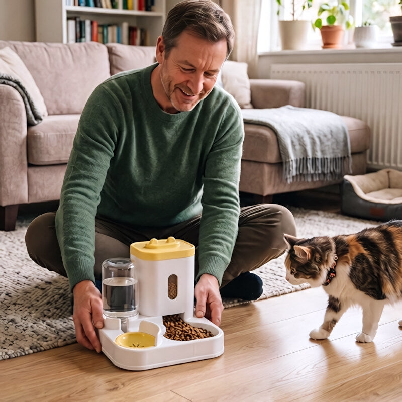 Distributeur croquettes Chat MonChatduoLibre 2 en 1 sans électricité jaune