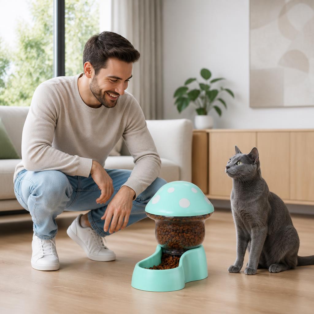 Distributeur croquettes pour chat Champignon 1,8L-sans électricité 0 stress