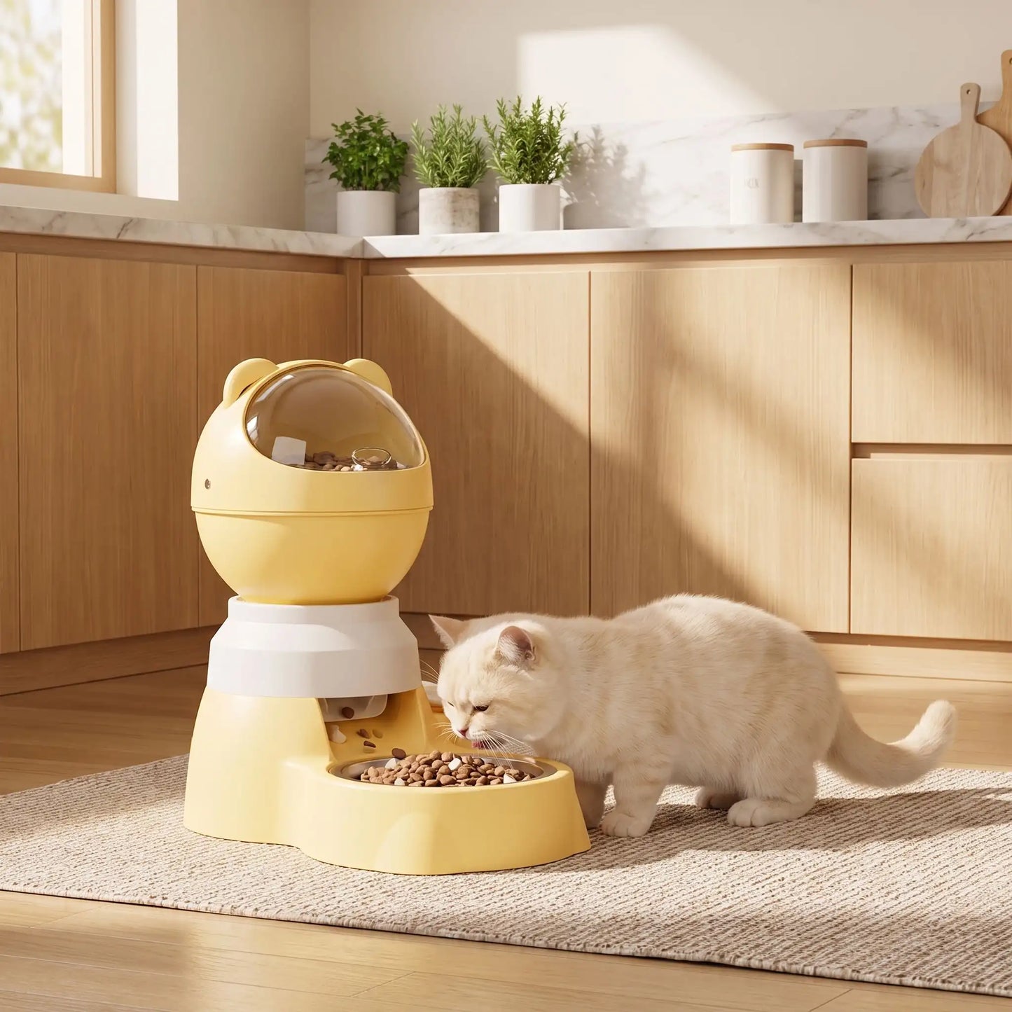 Distributeur de Croquettes Chat MonChatTerac-Interactif 1.5L avec Bol Inox jaune