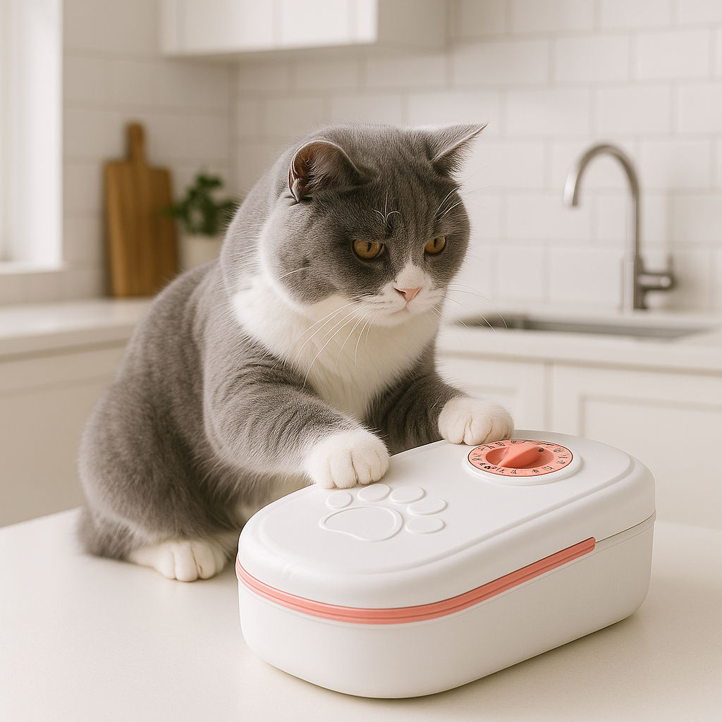 Distributeur de croquettes automatique pour chat MonChatAutoFeed simple rose chat
