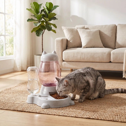 Distributeur de croquettes chat 2-en-1 automatique par gravité gris mange