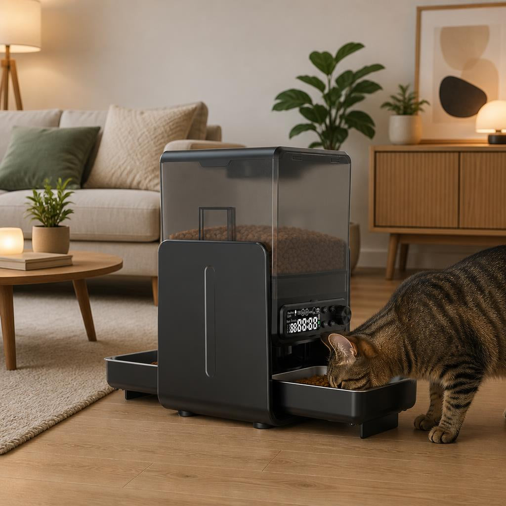 Distributeur de croquettes chat Écran Programmable détachable double bol inox 1 chat