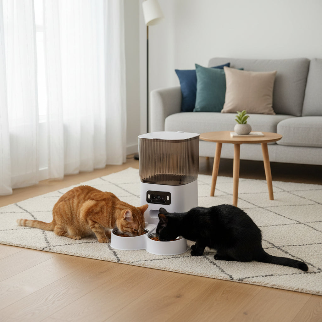 Distributeur de croquettes chat  WiFi avec Caméra 2MP et Doubles Bols Inox chats mangent