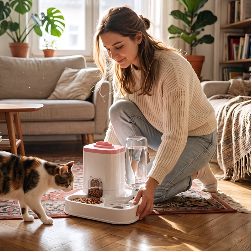 Distributeur de croquettes pour Chat MonChatDiseuvoir avec réservoir d'eau 800mL rose