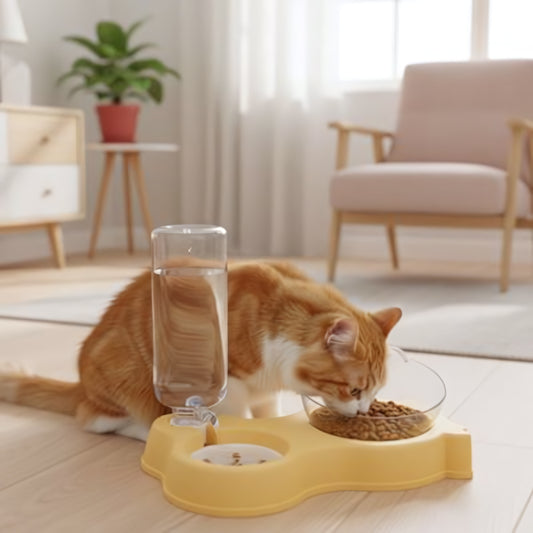 Distributeur eau et croquettes pour chat jaune