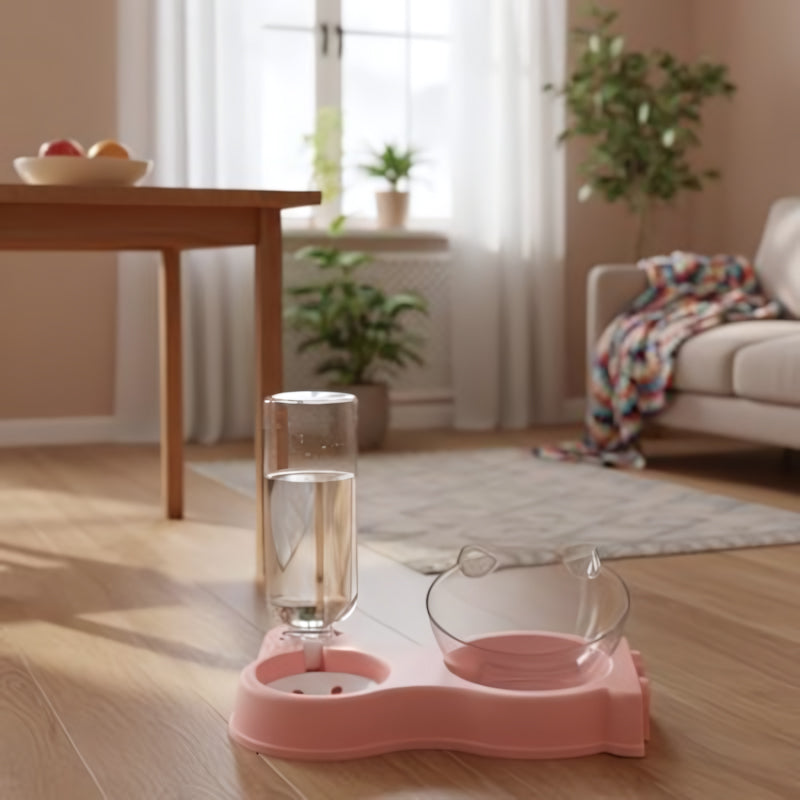 Distributeur eau et croquettes pour chat rose seul