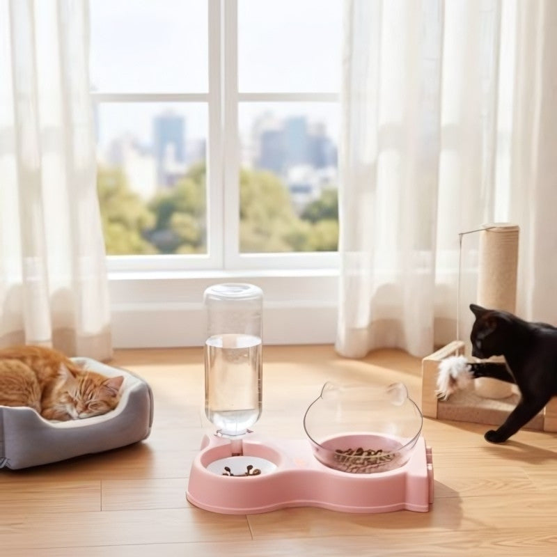 Distributeur eau et croquettes pour chat rose