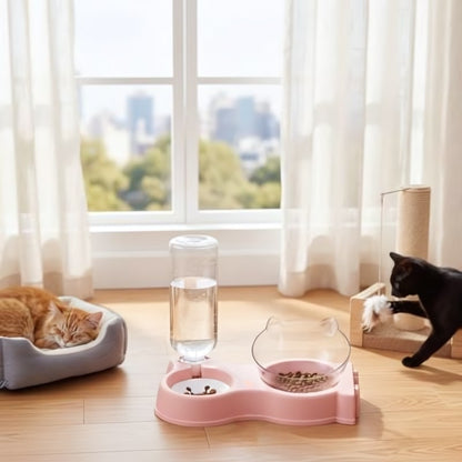 Distributeur eau et croquettes pour chat rose