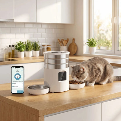 Distributeur nourriture chat​-4,5L-double bol avec wifi blanc