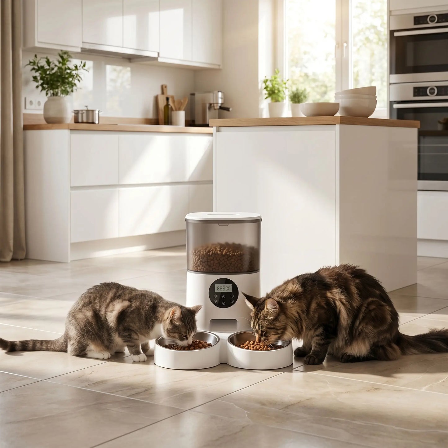 Distributeur nourriture chat​-double bol sans wifi blanc 2 chats mangent