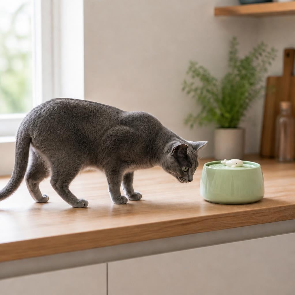 fontaine a eau chat ceramique 1,3 L MonChatFiltrEau chat bleu russe boit fontaine verte sans support cuisine