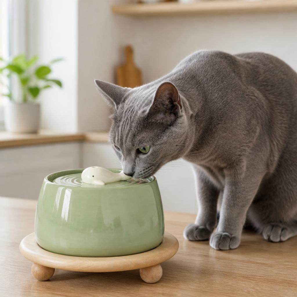 fontaine a eau chat ceramique 1,3 L MonChatFiltrEau chat bleu russe boit fontaine verte support bois