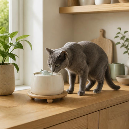 fontaine a eau chat ceramique 1,3 L MonChatFiltrEau cuisine nordique fontaine crème chat bleu russe plan large
