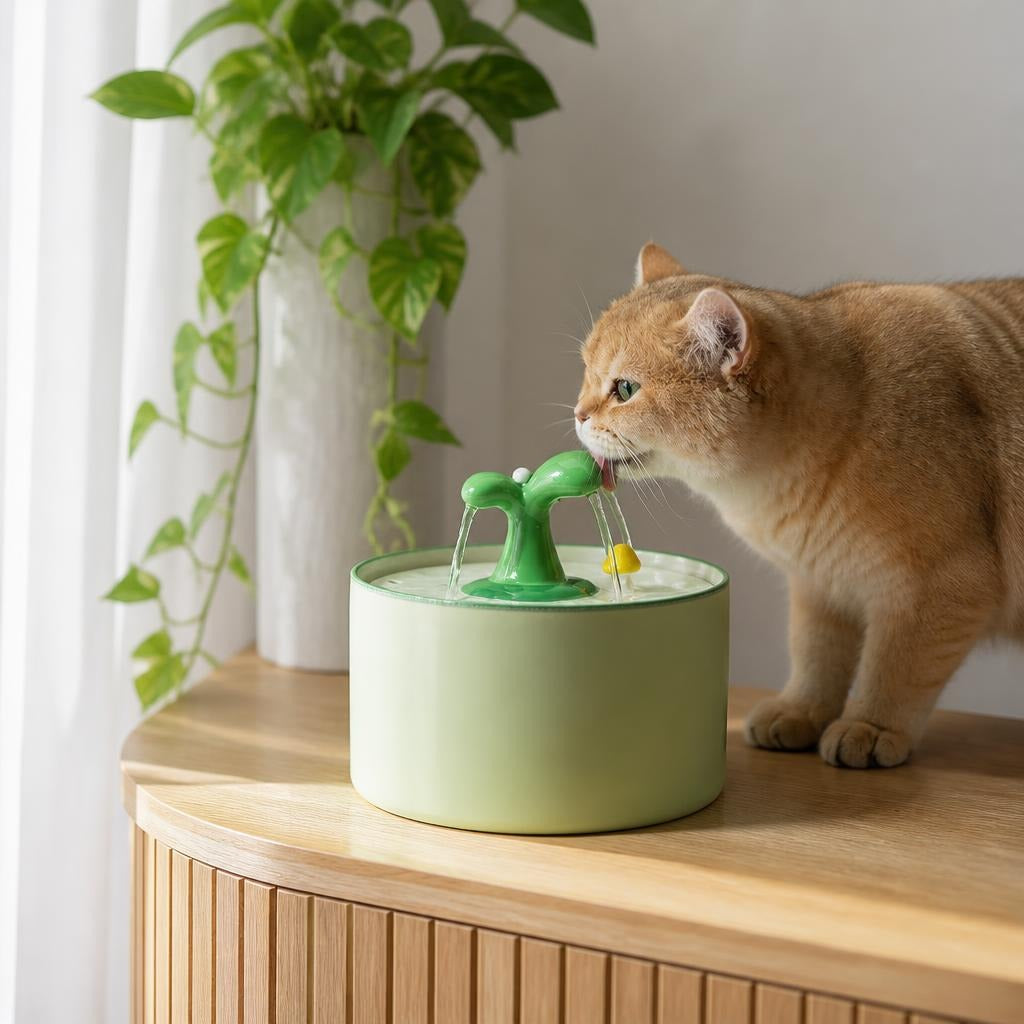 Fontaine à eau pour chat céramique 1,5 L MonChatCeramEau chat roux lappe eau fontaine verte