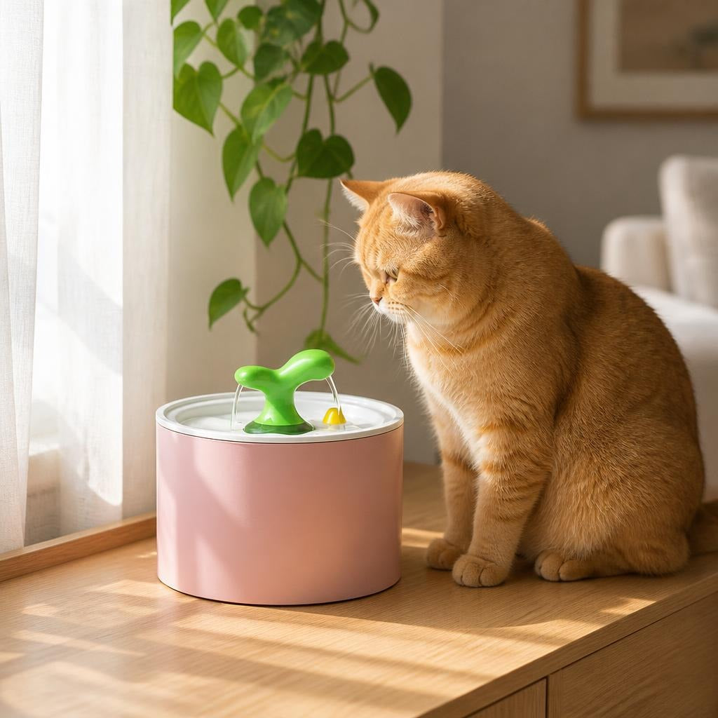 Fontaine à eau pour chat céramique 1,5 L MonChatCeramEau chat roux regarde fontaine rose