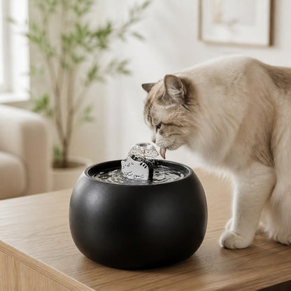 fontaine chat ceramique 1 L MonChatSourcEau chat poil long boit fontaine noire console chêne