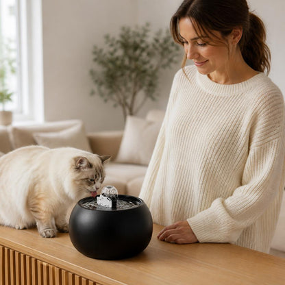 fontaine chat ceramique 1 L MonChatSourcEau cliente sourit chat boit fontaine noire buffet