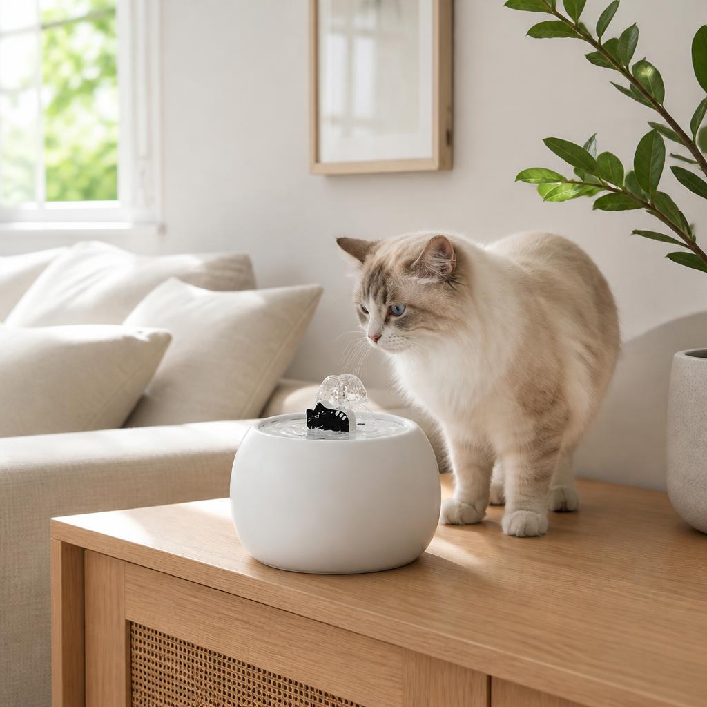 fontaine chat ceramique 1 L MonChatSourcEau plan large salon fontaine blanche chat poil long