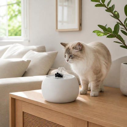 fontaine chat ceramique 1 L MonChatSourcEau plan large salon fontaine blanche chat poil long