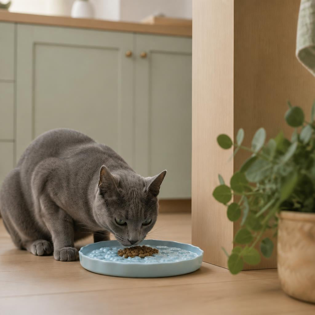 Gamelle anti glouton chat MonChatEmpreintes en céramique bleu repas