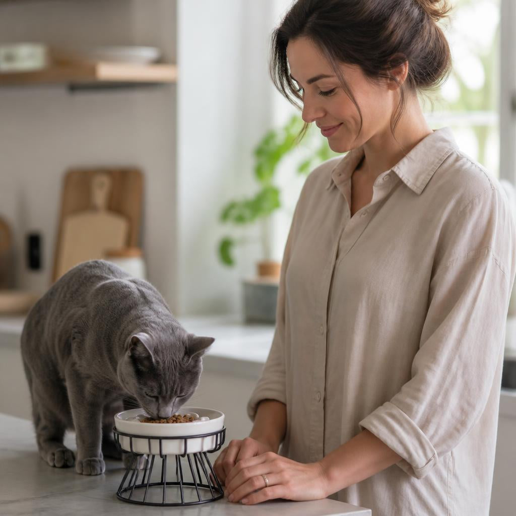 Gamelle chat céramique surélevé MonChatPodium anti glouton chat maitre