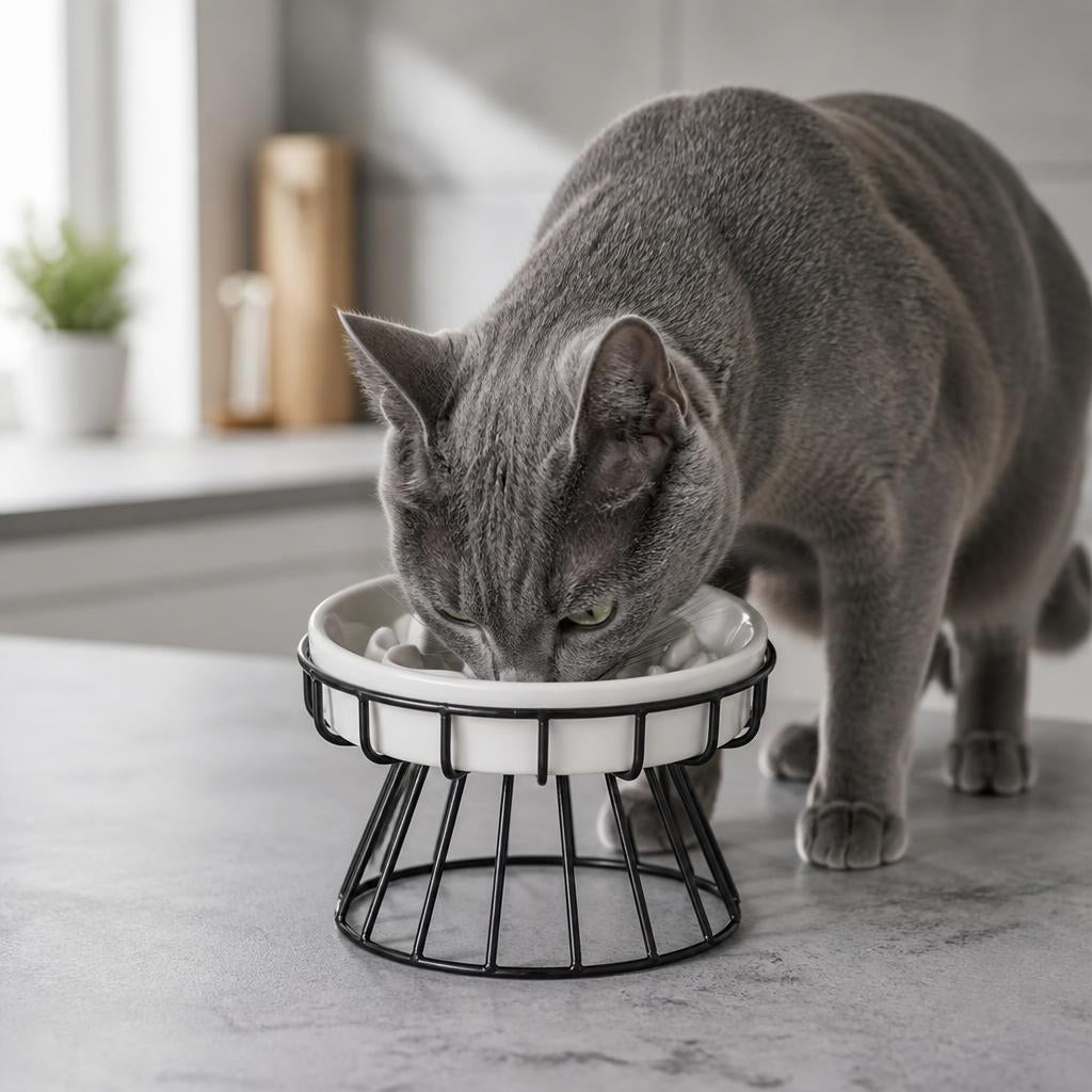 Gamelle chat céramique surélevé MonChatPodium anti glouton motif fleur mange