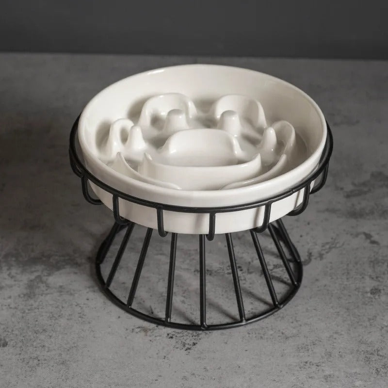 Gamelle chat céramique surélevé MonChatPodium anti glouton motif patte bol support fer
