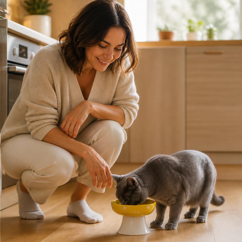 Gamelle chat céramique surélevé Bol incliné forme champignon anti-renversement jaune