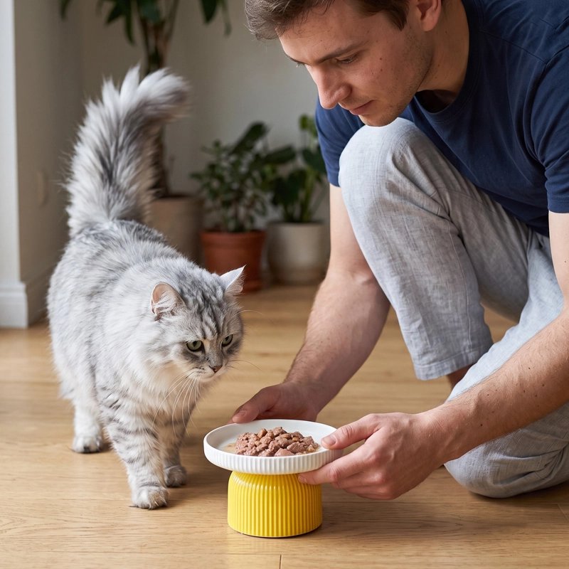 Gamelle chat céramique surélevée MonChatArtiConfort socle stable propriétaire repas jaune