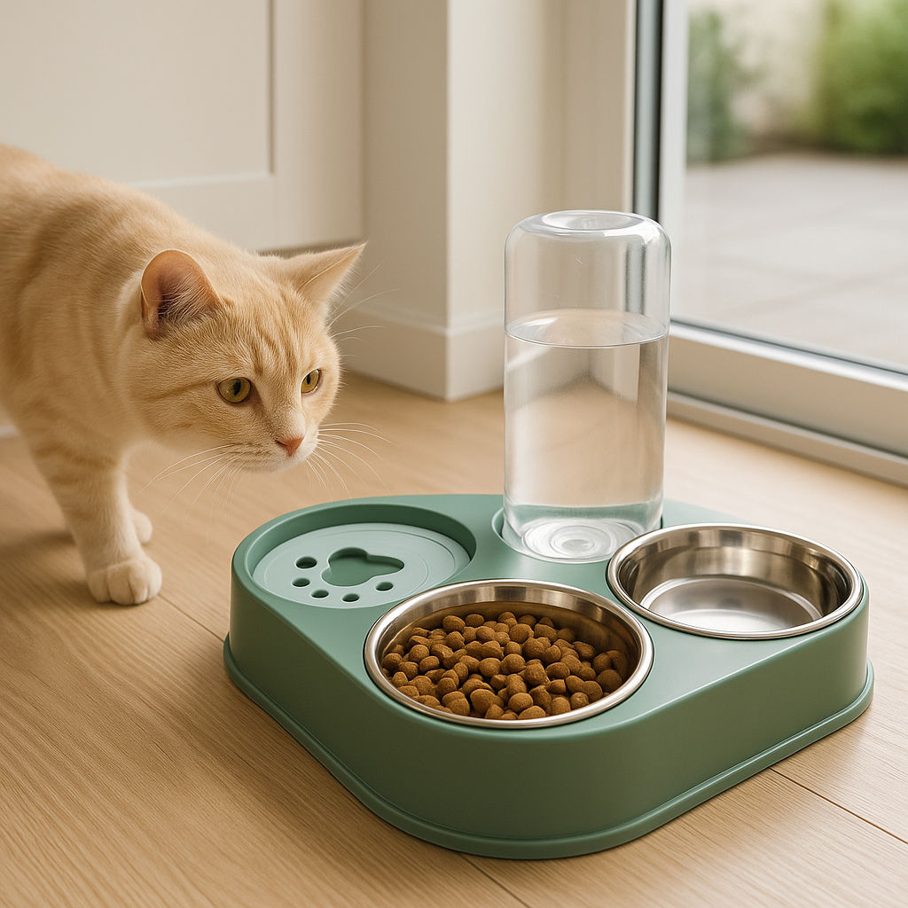 Gamelle pour chat MonChatTrianGama vert chat approche