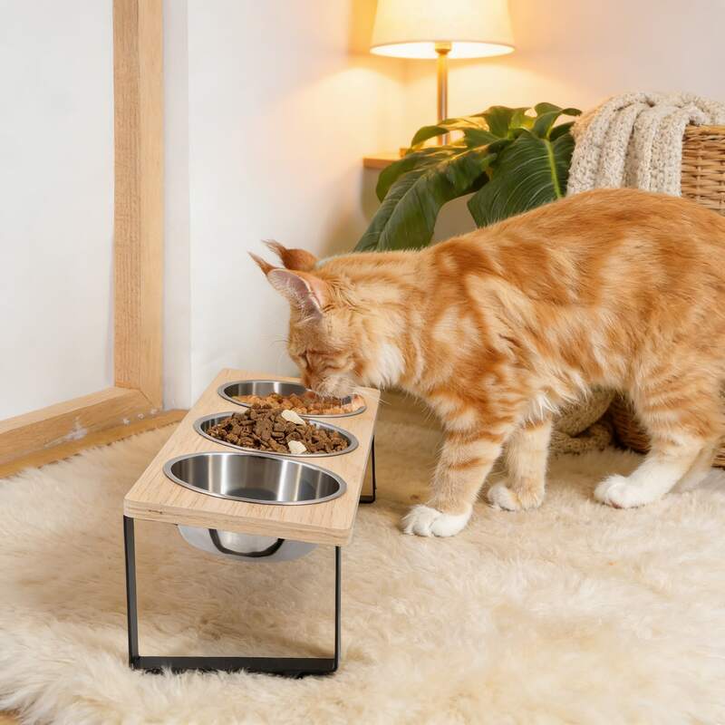 Gamelle pour chat surélevée triple bol inclinaison mange pâtée