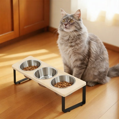 Gamelle pour chat surélevée triple bol inclinaison pose