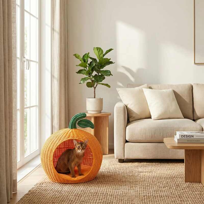 Panier à chat en osier MonChat'Orange salon