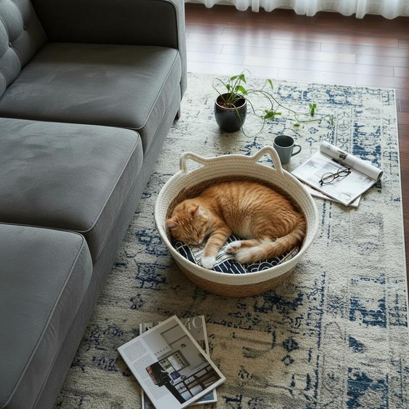 Panier chat osier MonChatPanOsier blanc coussin motif bleu