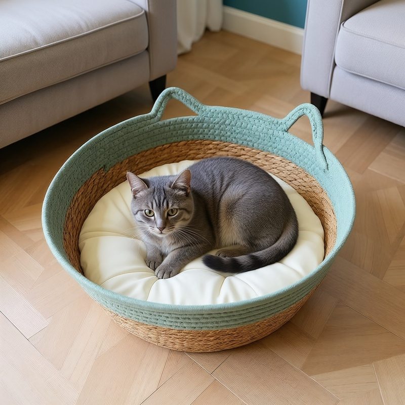 Panier chat osier MonChatPanOsier coussin blanc vert