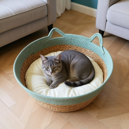 Panier chat osier MonChatPanOsier coussin blanc vert