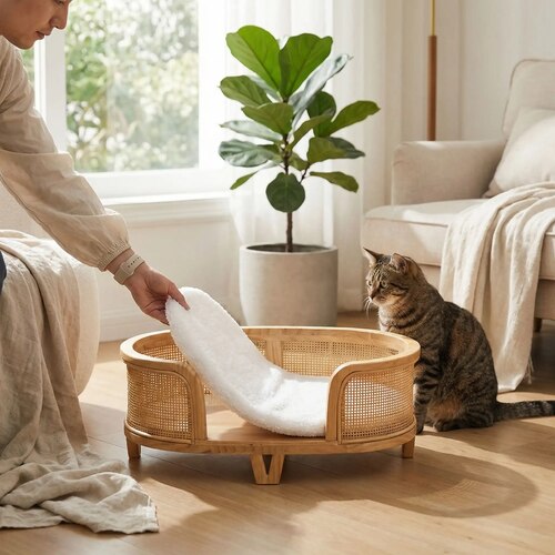 Panier chat rotin MonRotinPachat M avec coussin