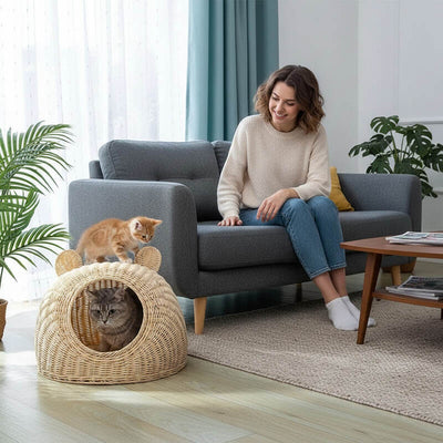 Panier en rotin pour chat MonChatCavin avec chaton