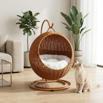 Panier en rotin pour chat nid suspendu présentation