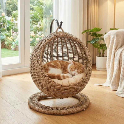 panier suspendu en osier pour chat Monrepossansfin sieste