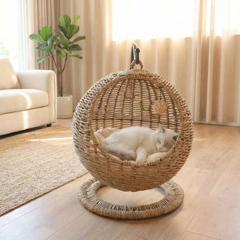 panier suspendu en osier pour chat Monrepossansfin tranquillité