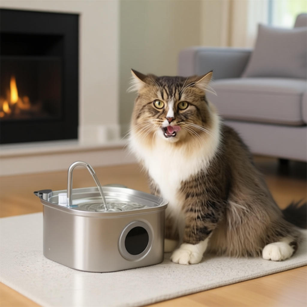 beau chat avec sa fontaine a eau chat mobile