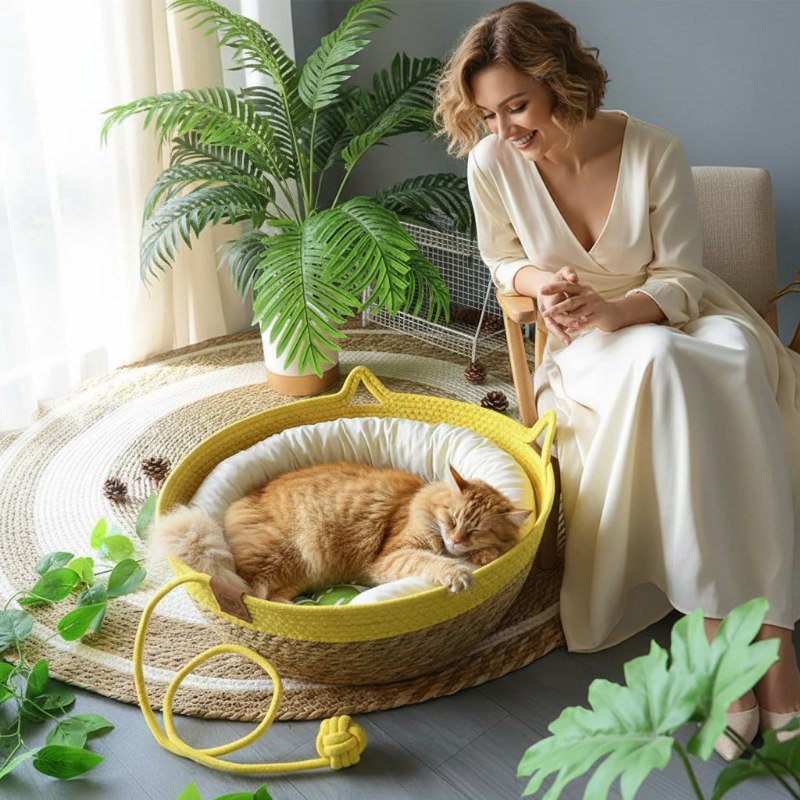 chat dort Panier osier chat MonChatConfosier jaune blanc