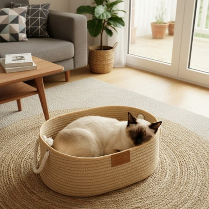 chat dort salon Panier chat osier MonChatrefuge